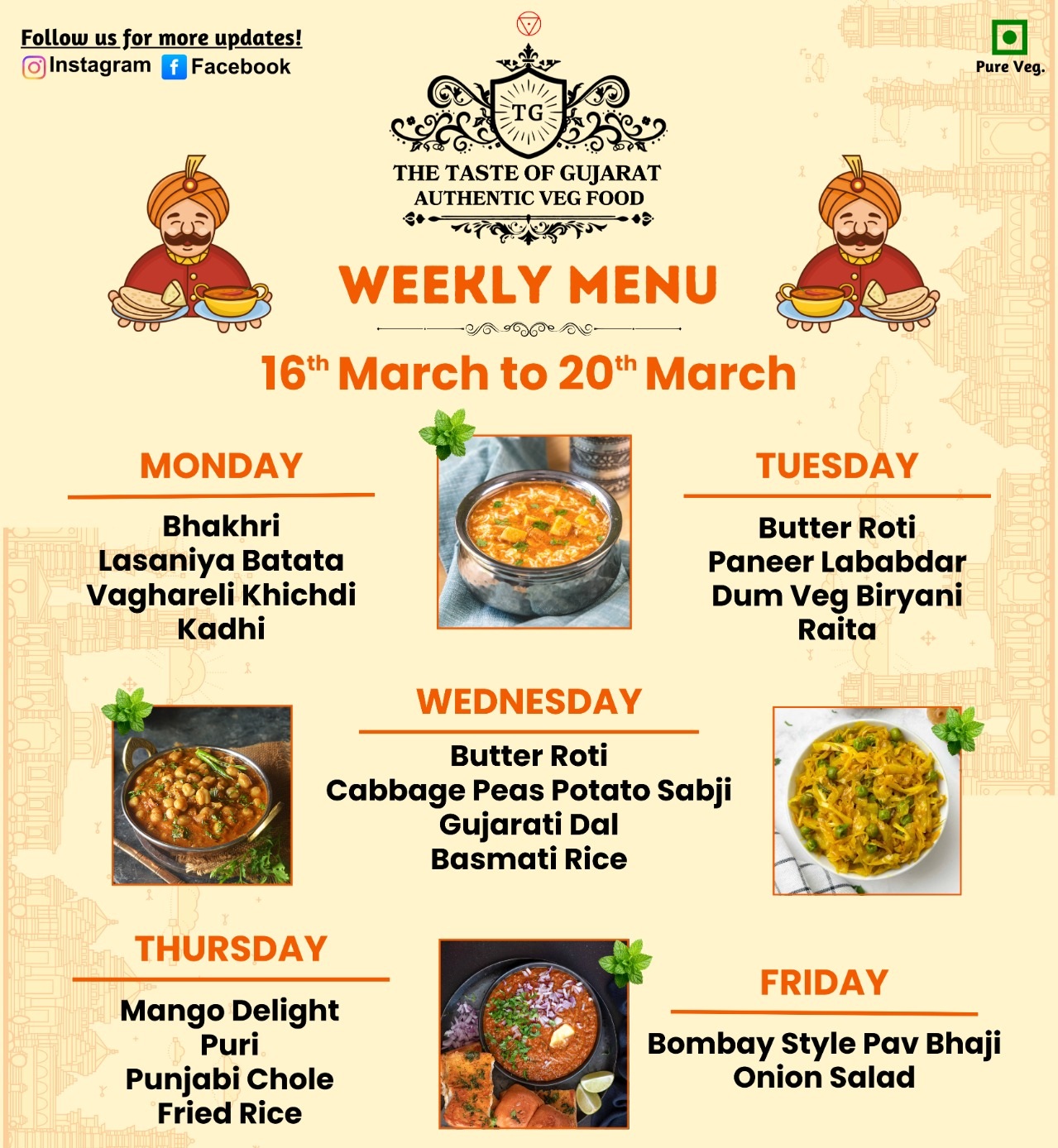 Upcoming Weekly Tiffin Menu - 16th to 20th March 2026 at The Taste of Gujarat Calgary