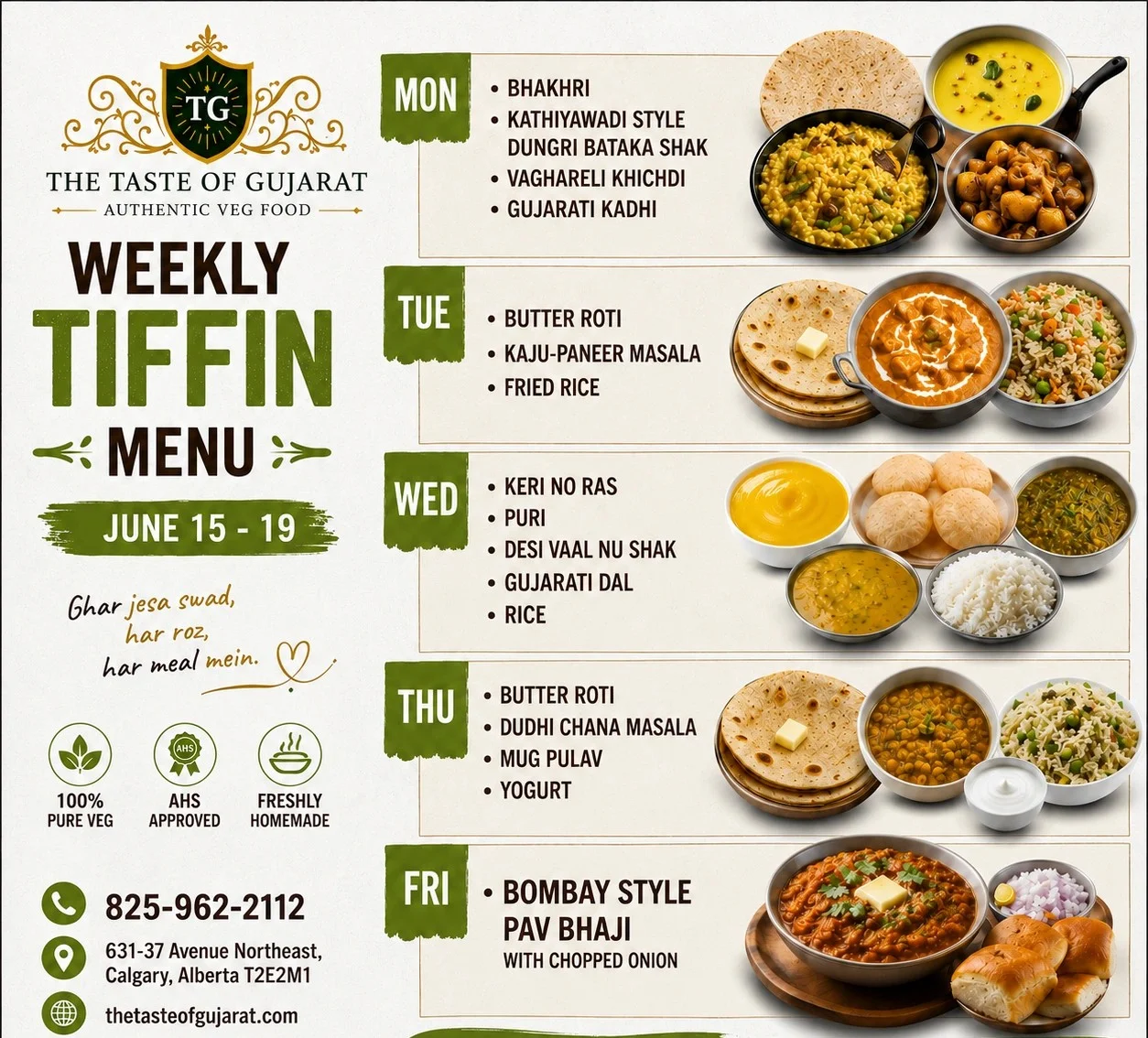 Weekly Tiffin Menu - 15th to 19th June 2026 at The Taste of Gujarat Calgary
